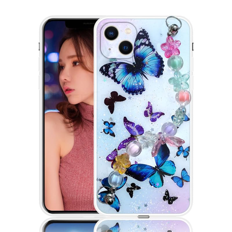 Image of COVERLY for iPhone 12 Pro Butterfly Floral Chain Case,Full Protective Lens Protection 3D Cartoon Glittering Crystal Sparkle-Cute Phone Holder,Girly Aesthetic Soft Phone Cover for Apple iPhone 12 Pro
