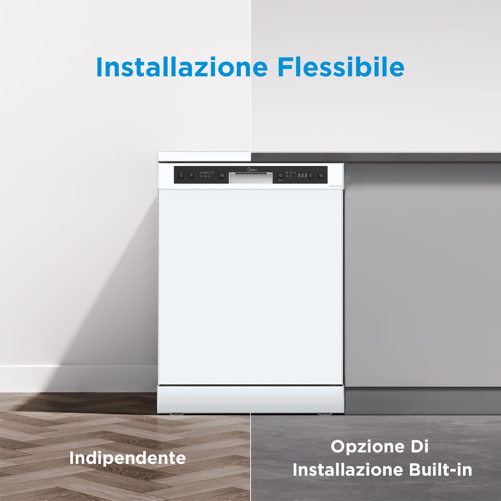 Midea MFD60S120W-HR Lavastoviglie Libera Installazione con 12 coperti, 6 Programmi, Partenza Ritardata, Funzione di Mezzo Carico, 60 cm - Bianco