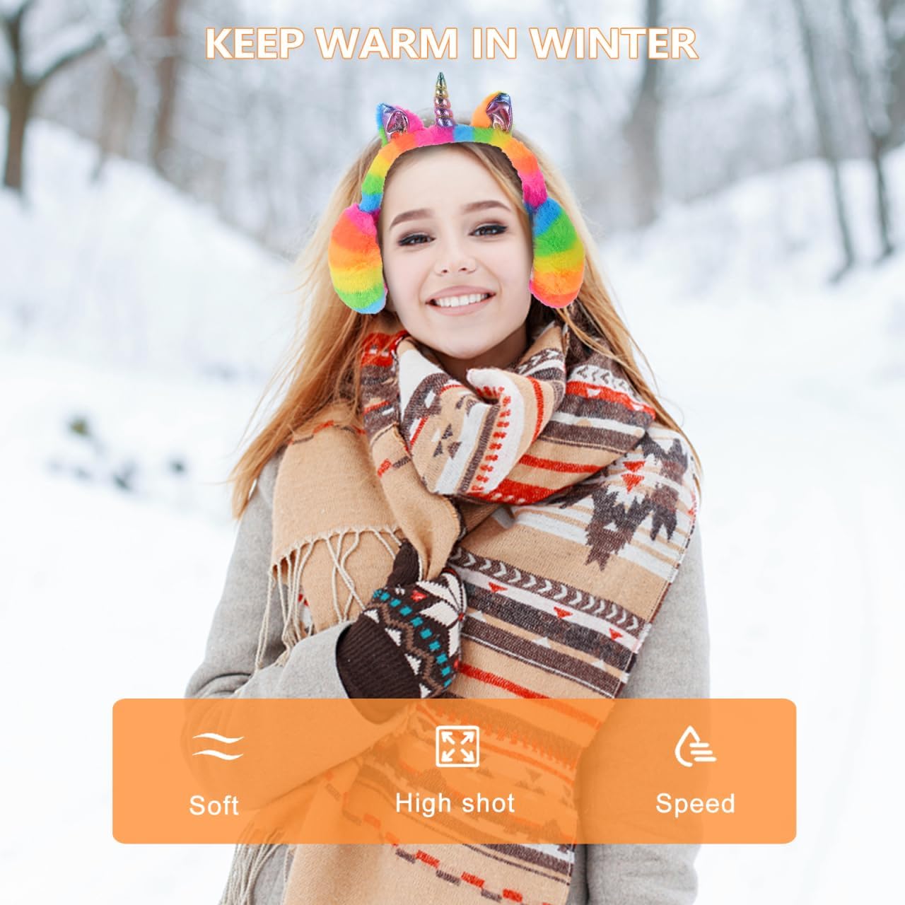 Healifty Unicorn Earmuffs Foldable Faux Fur Ear Warmers for Women Girls Winter Cold Weather Outdoor Soft Plush Ear Covers 11X6In - Image 5