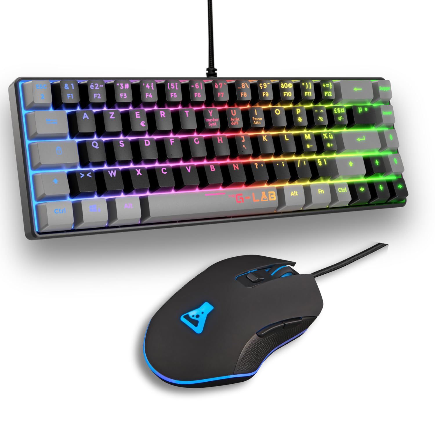 The G-Lab - Combo Hydrogen - Pack Clavier Souris Gamer, Clavier Gamer 65% Filaire, Rétroéclairage RGB, azerty, Format Compact + Souris Gaming RGB, 6 Boutons, 7200 DPI - PC/PS4/PS5 – Noir/Gris