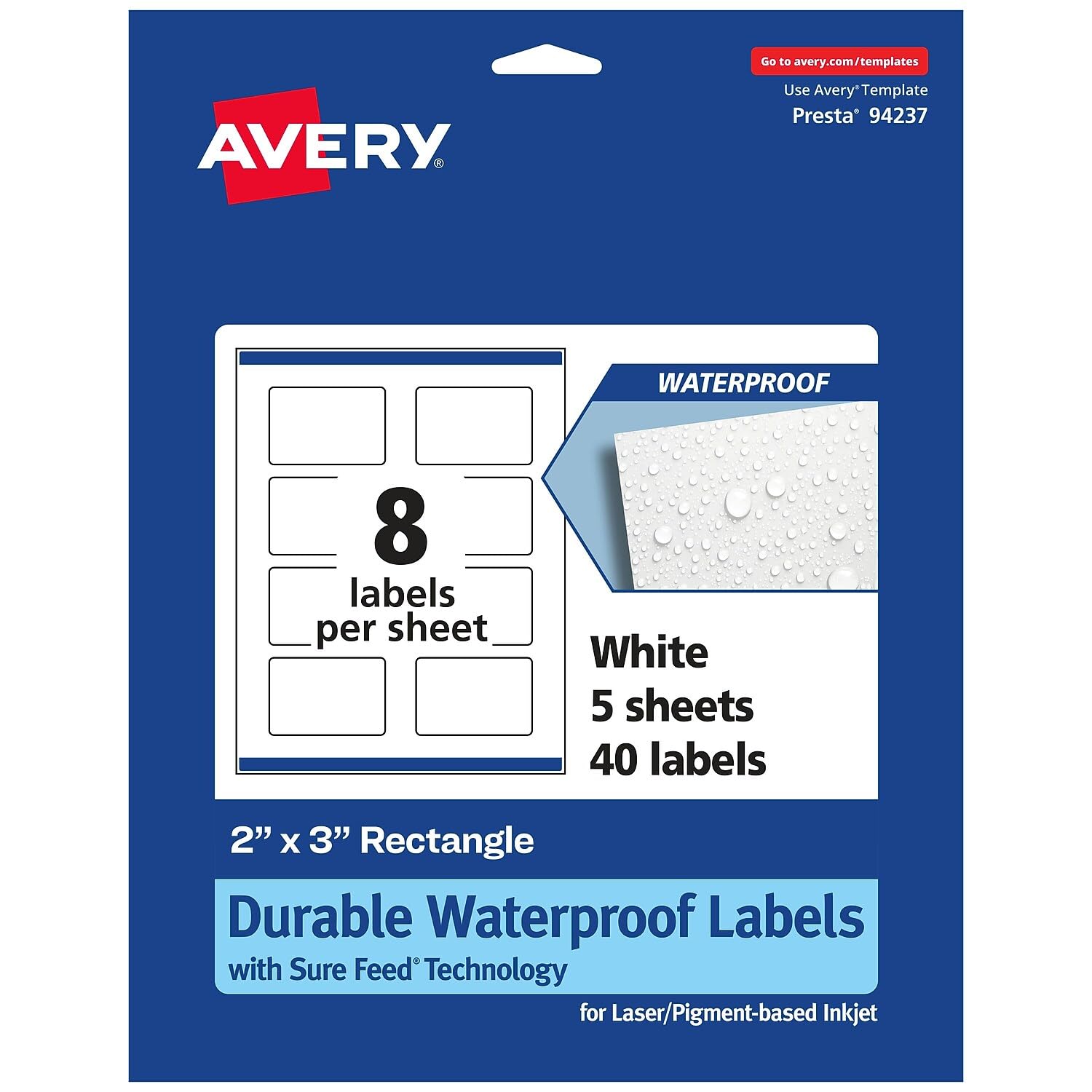 Avery Durable Waterproof Rectangle Labels, Sure Feed Technology, Print-to-The-Edge, 2" x 3", 40 Total, Oil and Tear-Resistant, Waterproof, Laser/