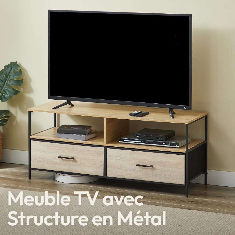 CASABEL Meuble TV 120 cm en métal Noir et Bois, Meuble de Salon avec 2 tiroirs en Tissu Rigide et étagères Ouvertes, Meuble Télé Solide, Design Pratique et résistant