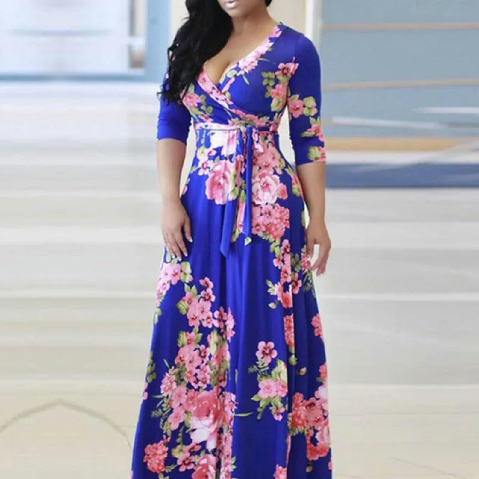 Vestito Abito da Spiaggia per La Spiaggia Floreale per La Stampa Floreale A Sciolta A V Women's Neck-Lanhong-XXXL