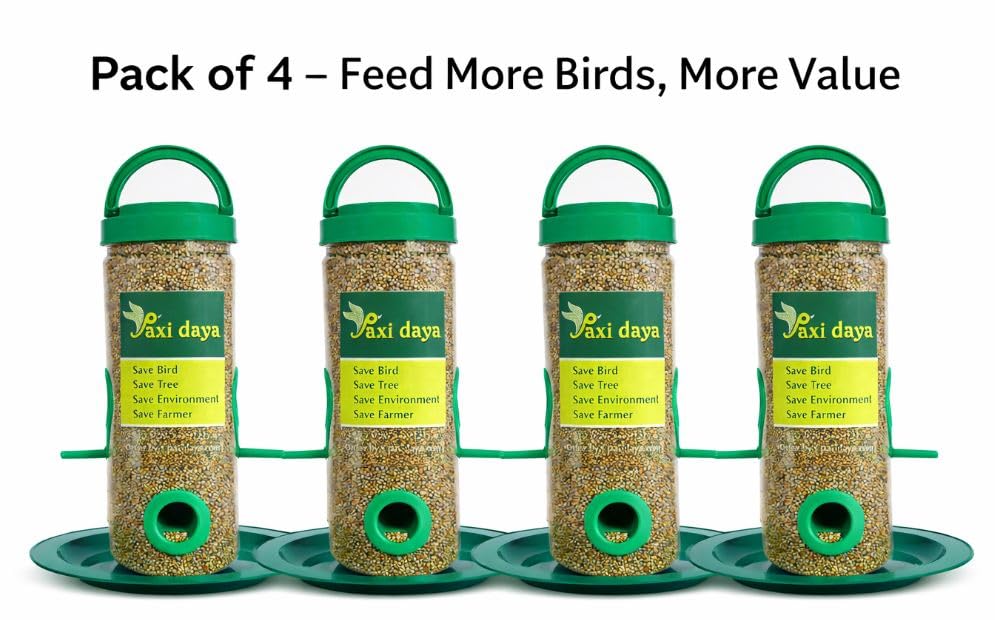 Image of Bird Feeder for Balcony & Garden - Pack of 4 | Hanging Seed Container with Tray & Perch | Outdoor Sparrow Feeder for Home & Garden