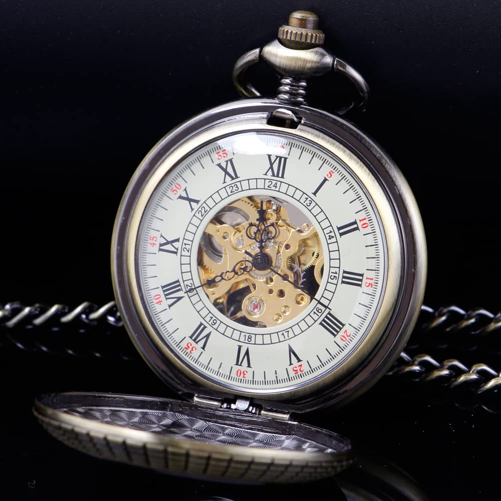 Tiong Montre de poche mécanique en bois de cuivre élégant avec cadran ouvert pour homme avec boîte à chaîne