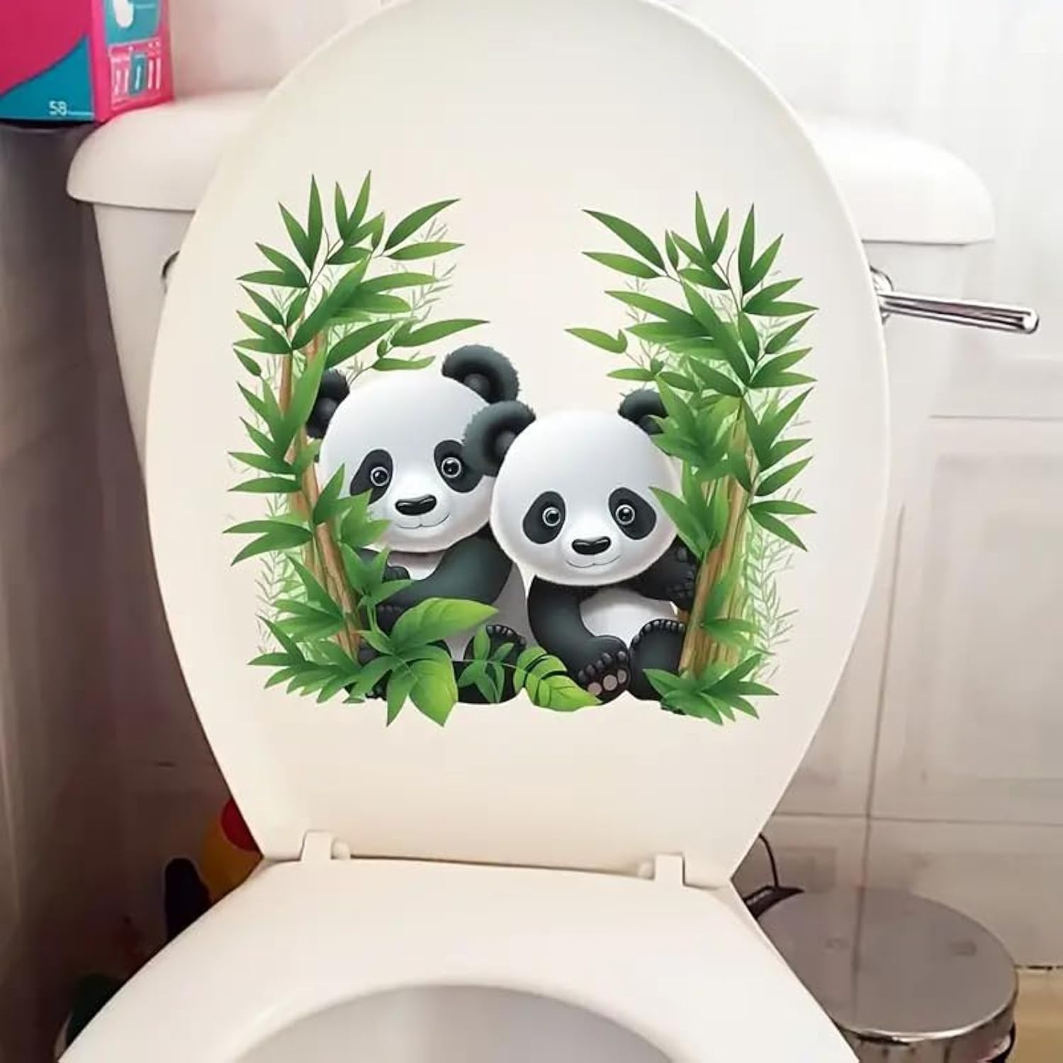 Two Cute Bamboo Forest Panda Toilet Cover Sticker Decals,Fish Bird Flower Leaf Waterproof Toilet Lid Tank Seat Decals Cistern Self-Adhesive Bathroom Wall Sticker