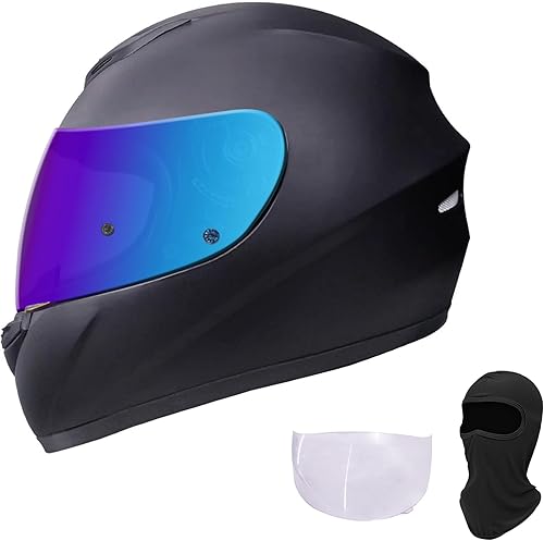 KRN Casco integral para motocicleta con visera de color, aprobado por DOT - Casco y pasamontañas y visera transparente, negro mate
