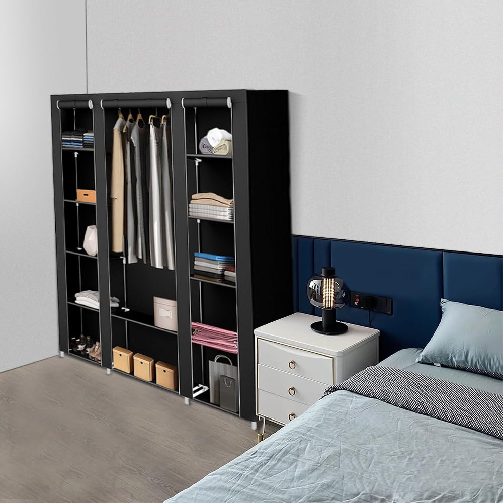 Armoire de Rangement Pliable en Tissu 175×150×45 cm – Grande Penderie 3 Portes avec Tringle Centrale, Housse Anti-Poussière, Noir