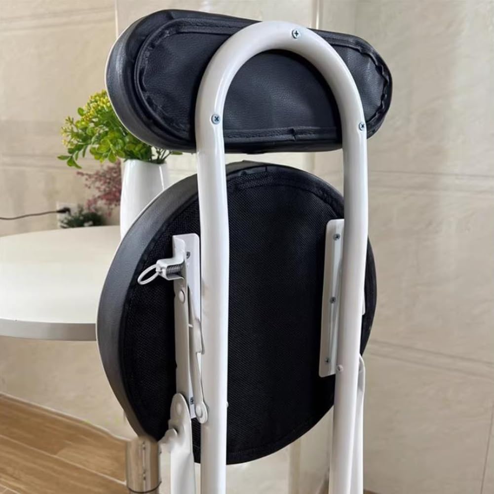 Portable Folding Stool, Non-Slip Feet, Kitchen Folding Stool with Backrest, Padded, Folding Round Stool for Adults Kitchen Garden Bathroom(Black+White,60cm/24in)