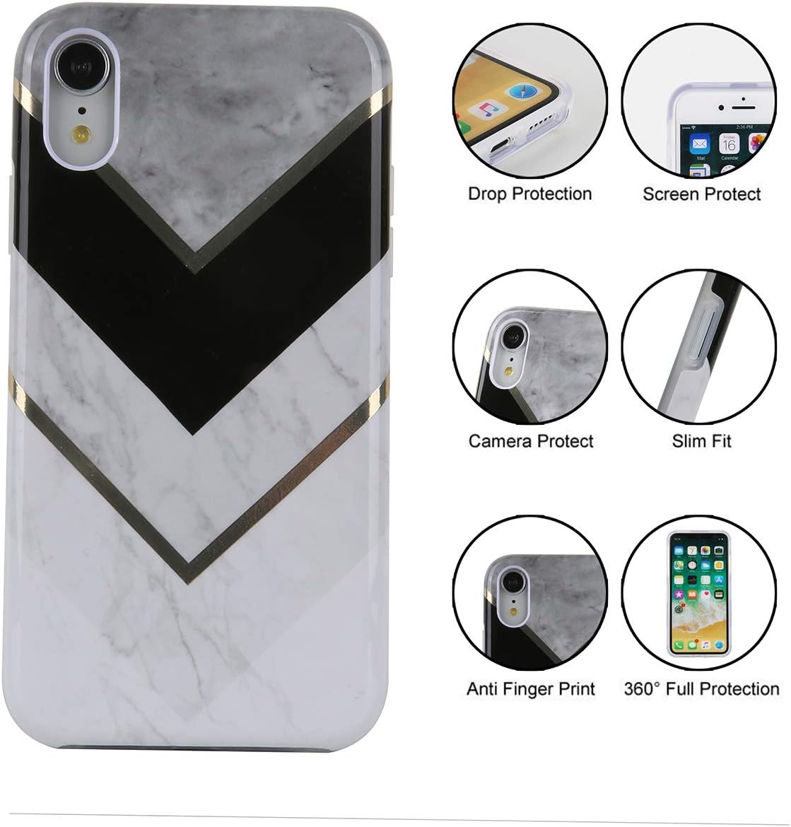 iPhone XR Case Stripes Marble, White Gray Marble XR Case with Stripe, Dual Layers Soft TPU Hard PC Shockproof XR iPhone Cases for Women Girls Men Boys, iPhone XR [6.1"]