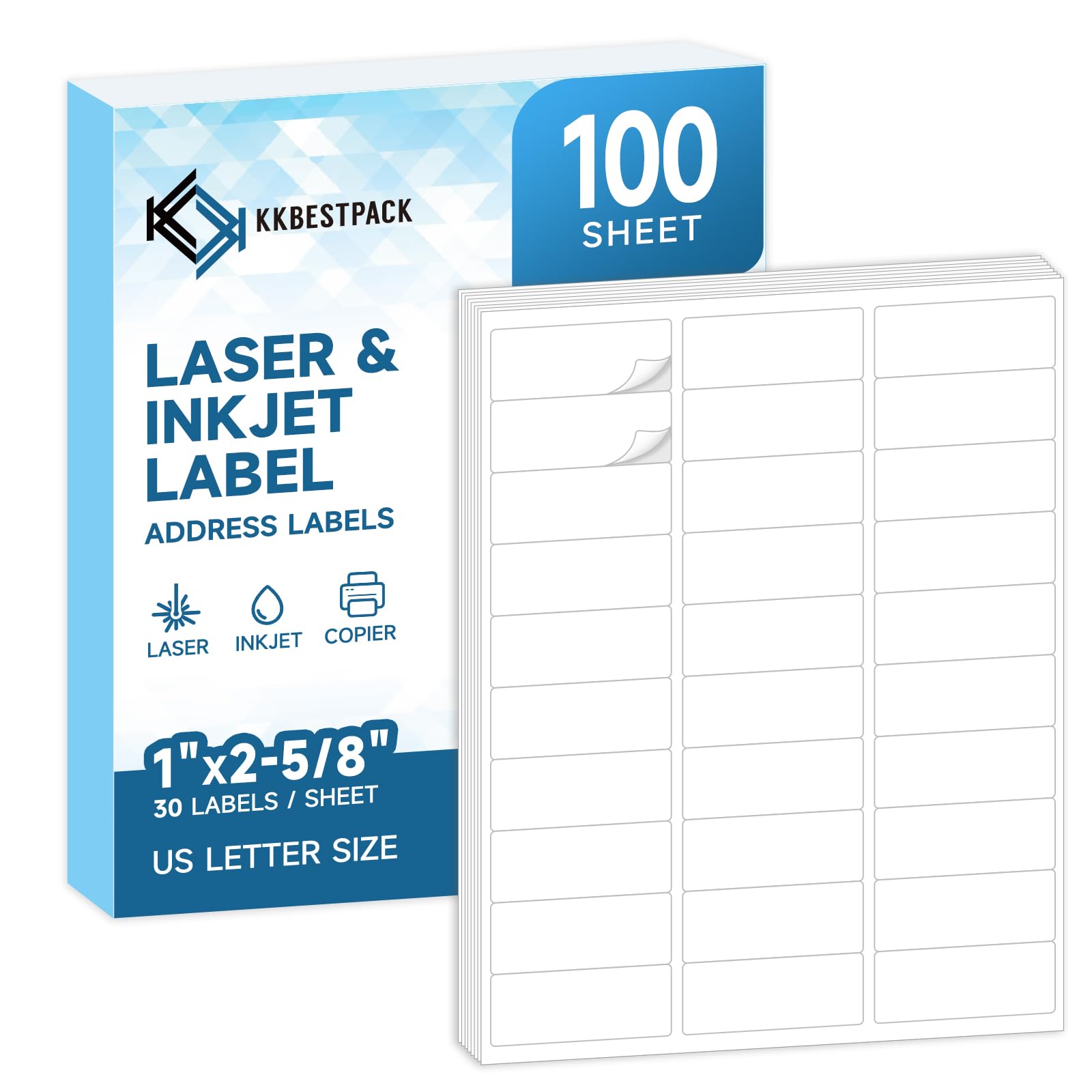 KKBESTPACK Label Sticker, Address Labels – 30 Up Shipping Labels 1” x 2-5/8” Self-Adhesive Barcode FNSKU Stickers for Inkjet and Laser Printer (100 Sheets / 3000 Labels) (KK30)
