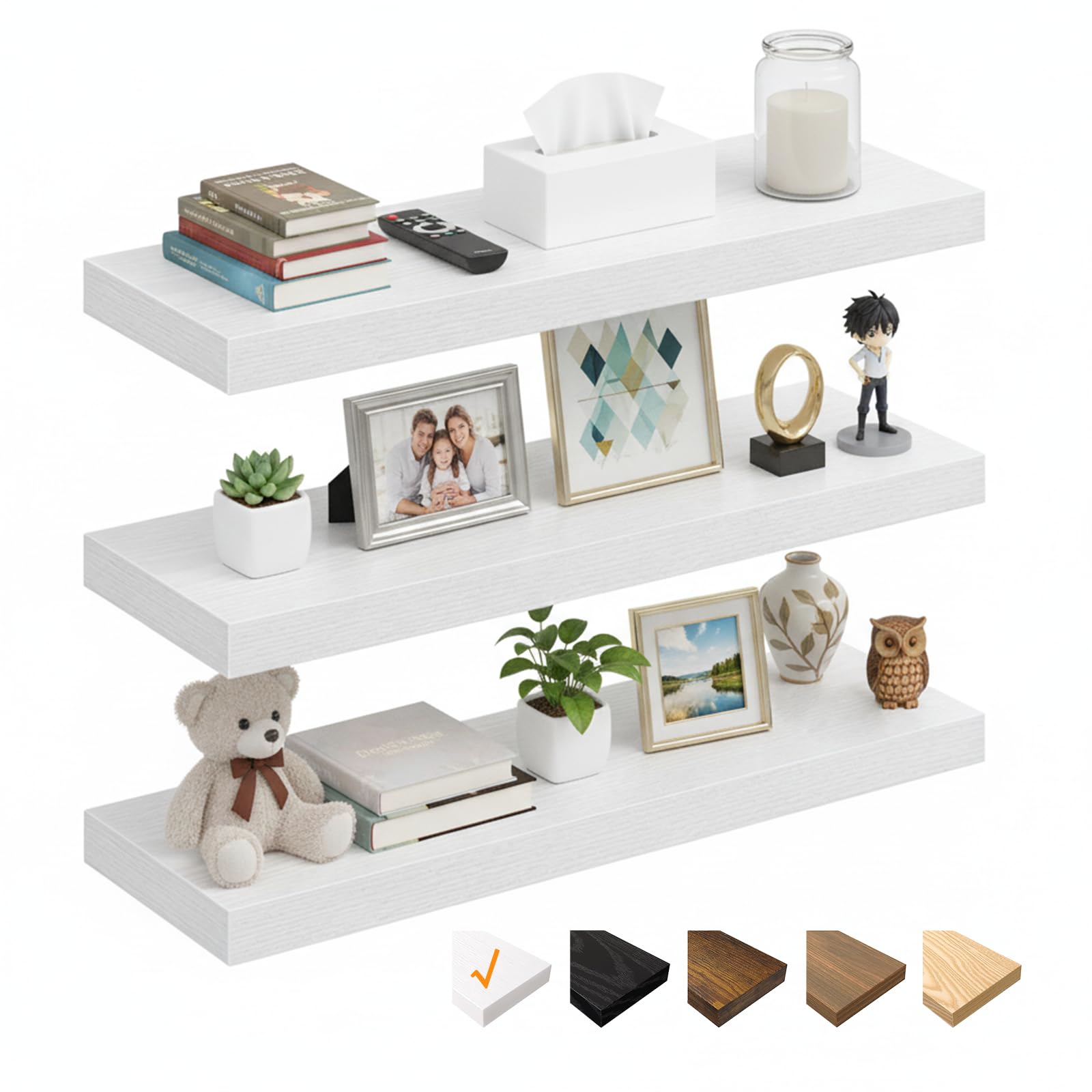RICHER HOUSE Weiß Wandregale, 60 x 23,5 x 3,8 cm Wandboard MDF Holz,3er-Set | Holzregal Wand mit unsichtbaren Halterungen, Schweberegal für Schlafzimmer, Wohnzimmer, Badezimmer, Küche, Waschküche, Büro