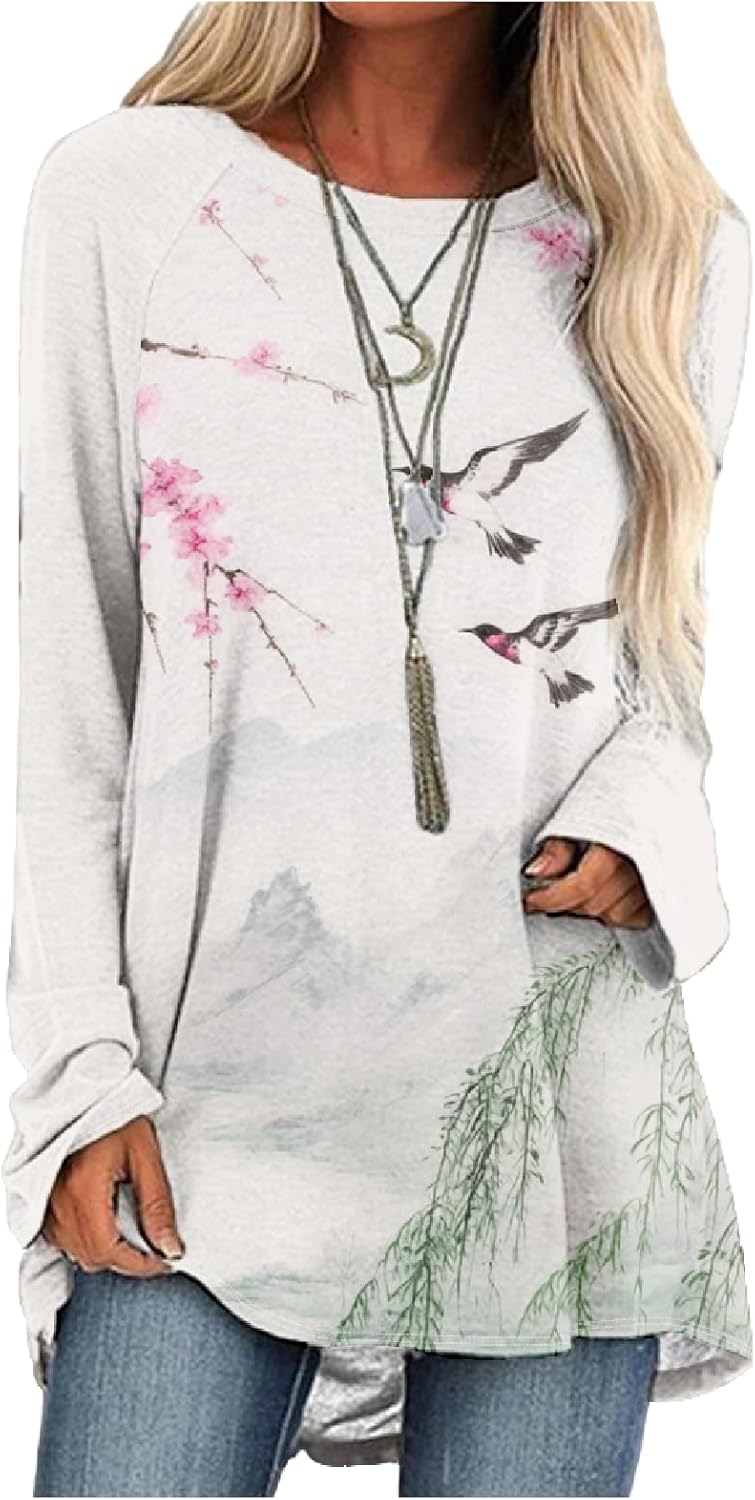 MARSVOVO Novelty Japanese Art Style Print Fall Long Sleeve Shirt For Women Loose Vintage Crew Neck Casual Plus Size Tops