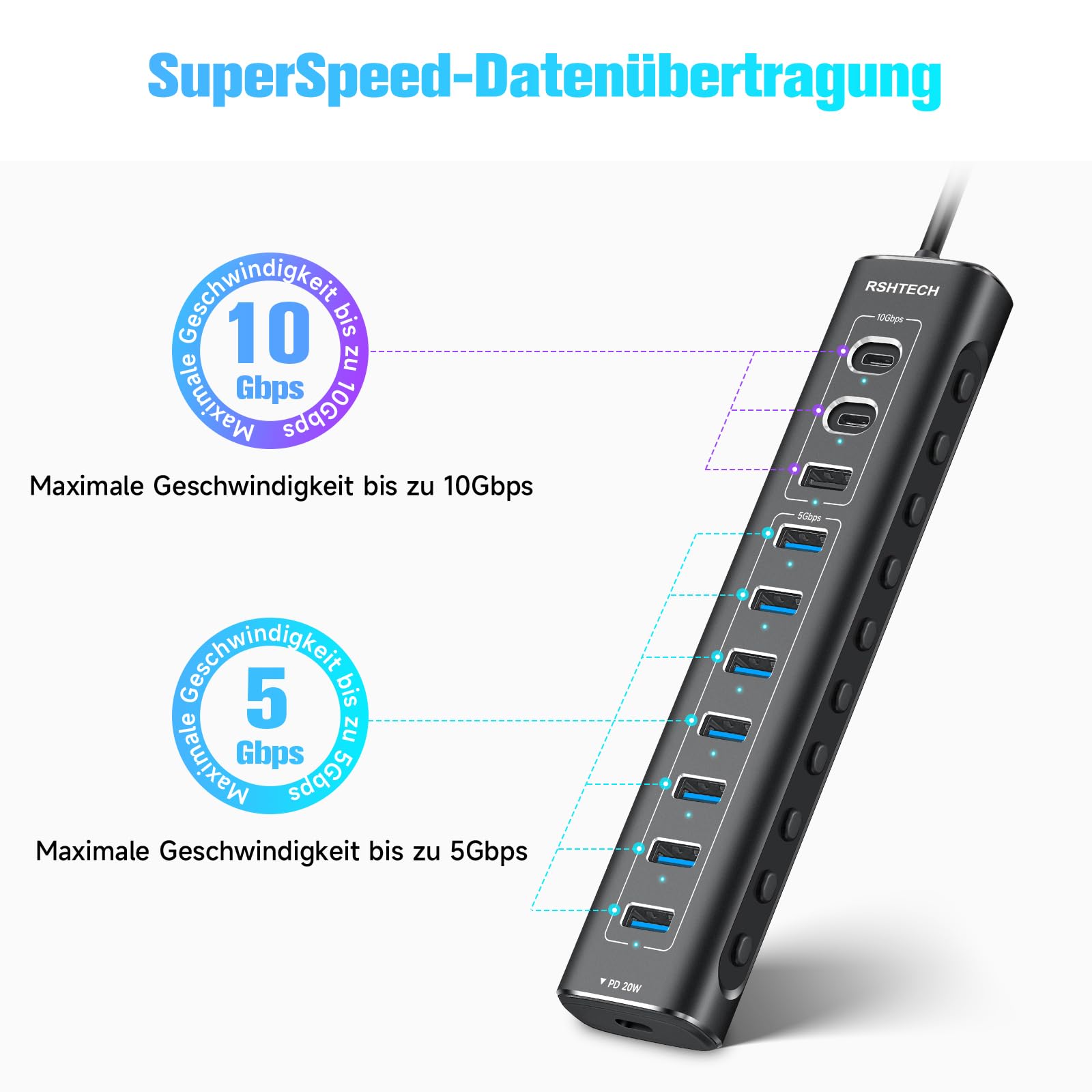 USB C 3.2 Hub Aktiv mit Netzteil (60W 12/5A), RSHTECH 11-Port USB C 3.1 Gen2 Hub mit 20W PD, 3 * 10Gbps (2*Typ-C, 1*Typ-A), 7 * 5Gbps (7*Typ-A), 2-in-1 Kabel, Aluminium USB Verteiler, RSH-A11PD