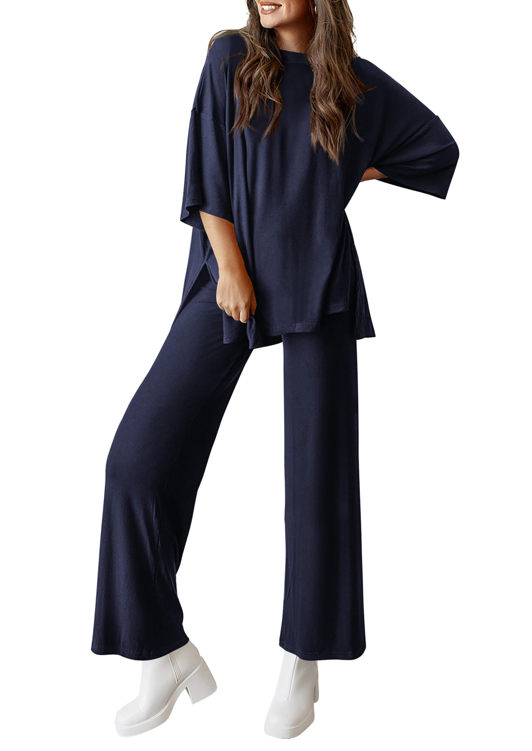 PRETTYGARDEN Women's 2 Piece Outfits Casual Short Sleeve Pullover Tops and Wide Leg Pants Lounge Sets Tracksuits