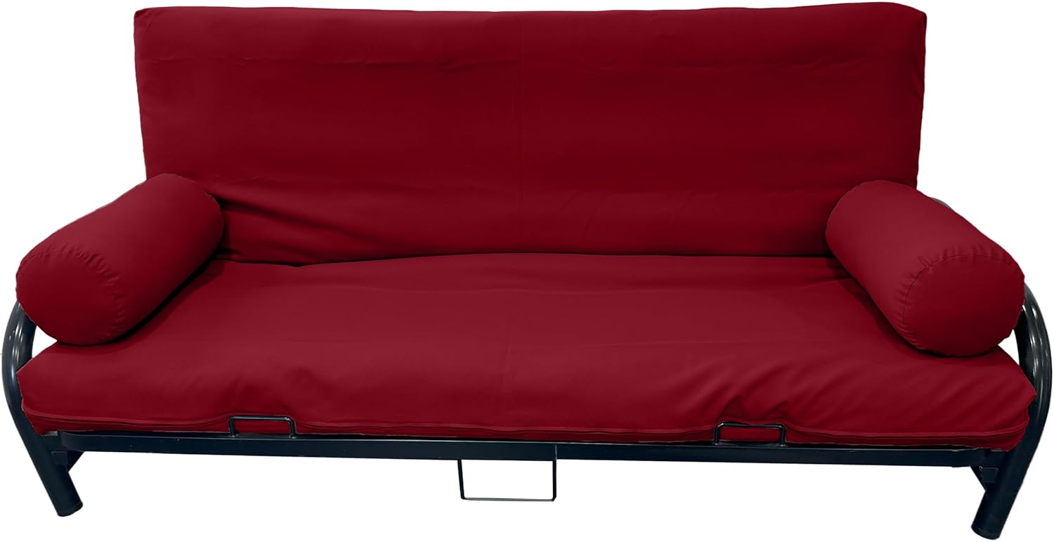 Full Size Futon Mattress Slipcover Set Including Bed Encasement Protector Cover, 2 Bolsters Pillows for Arms, Neck, Legs, Body Resting, Red