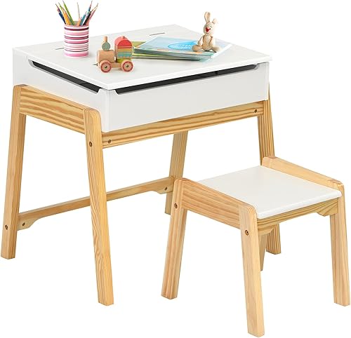 Costzon Juego de mesa y silla para niños, escritorio y silla elevadora de madera con espacio de almacenamiento, bisagra de seguridad, regalo para