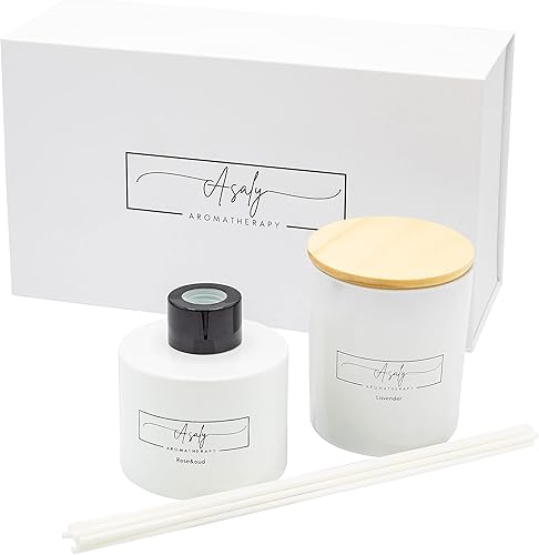 ASALY - Juego de velas perfumadas de lujo, 1 vela perfumada de lavanda y 1 difusor de caña. Cumpleaños, aniversario, regalo para esposa, regalo para
