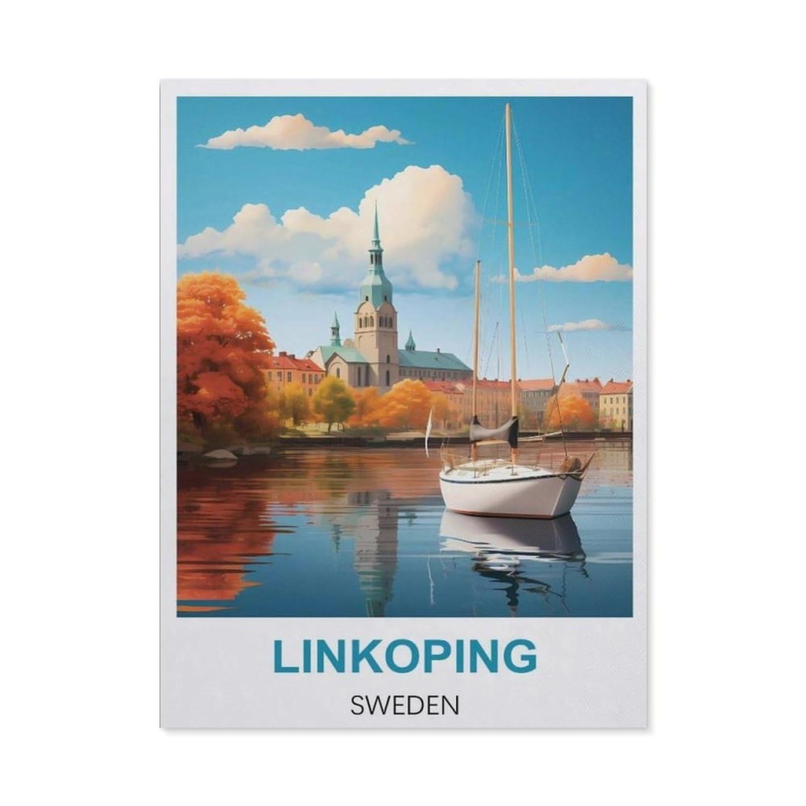 BEAYODKP 5D DIY Full Round Drill Diamond Painting，Linkoping Sweden Vintage Travel Poster，Embroidery Full Round Diamond Cross Stitch Rhinestone Mosaic Decor Gift（40 x 50 cm/15.74 x 19.68 inches）-CA83