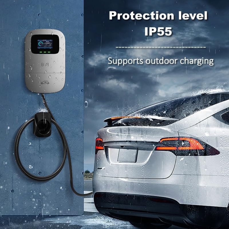 Image of Smart EV Level 2 Charger, Electric Vehicle Charging Station Hardwired 110-240V 32A Type 2 Home Charger with LCD Display,