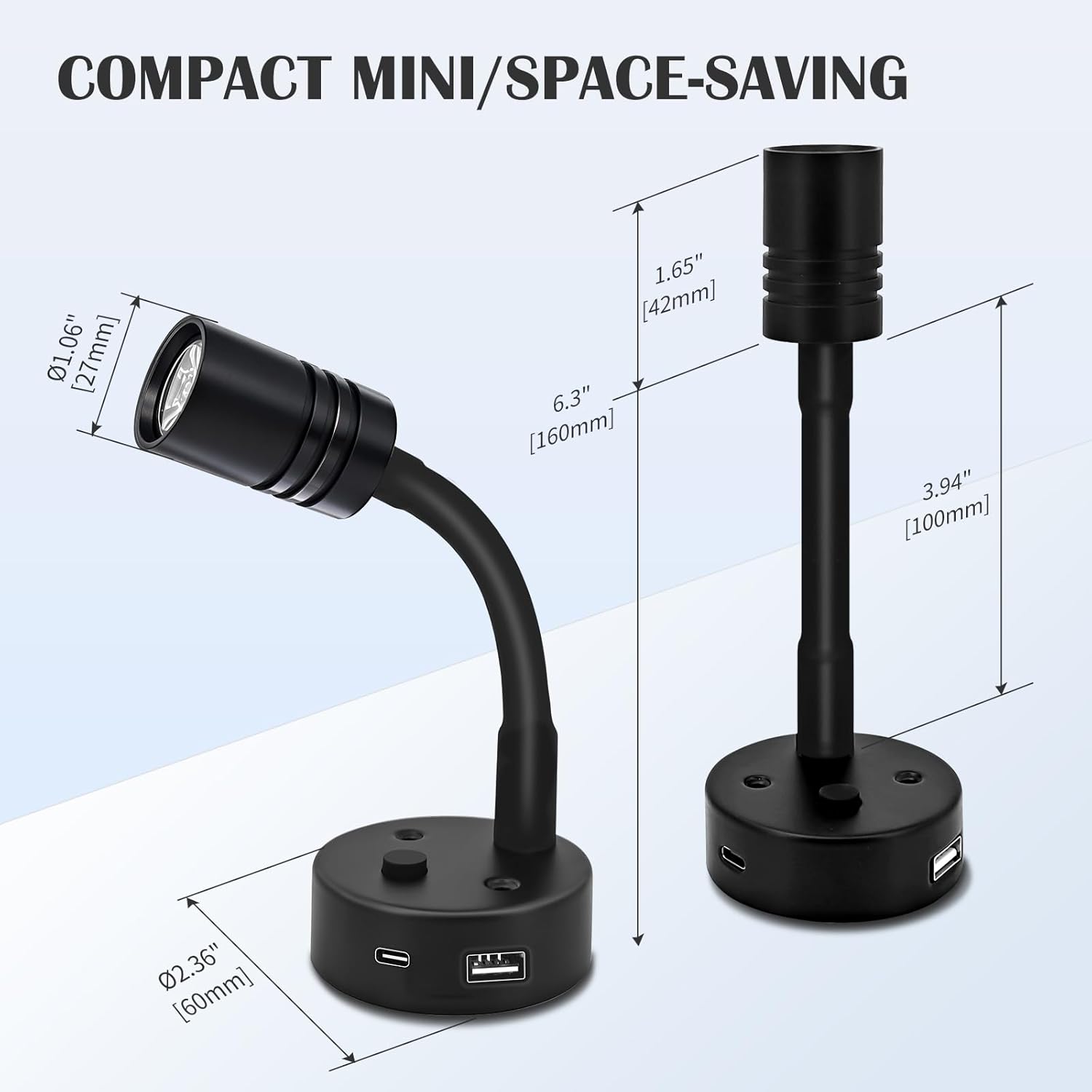 THALASSA Black RV Flexible Gooseneck Reading Light 6000K White and Blue Night Light Mode with USB-C and USB Ports 12V for Motorhome, Camper, Truck, Travel Trailer, Caravan Van Bedside Use