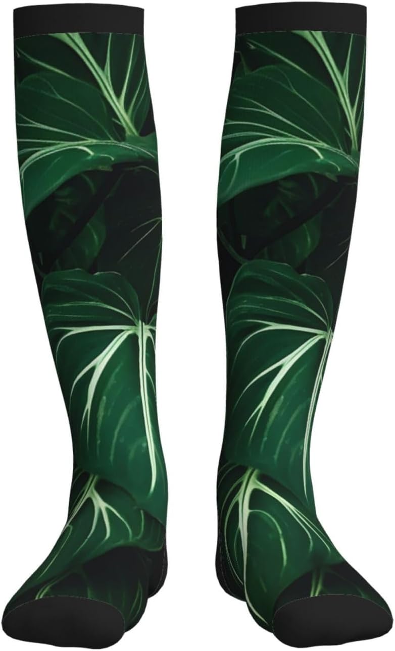 Green Long Leaves Compression Socks For Women Men 15-20mmhg Graduated Support Circulation Knee High Socks For Nurses Athletic