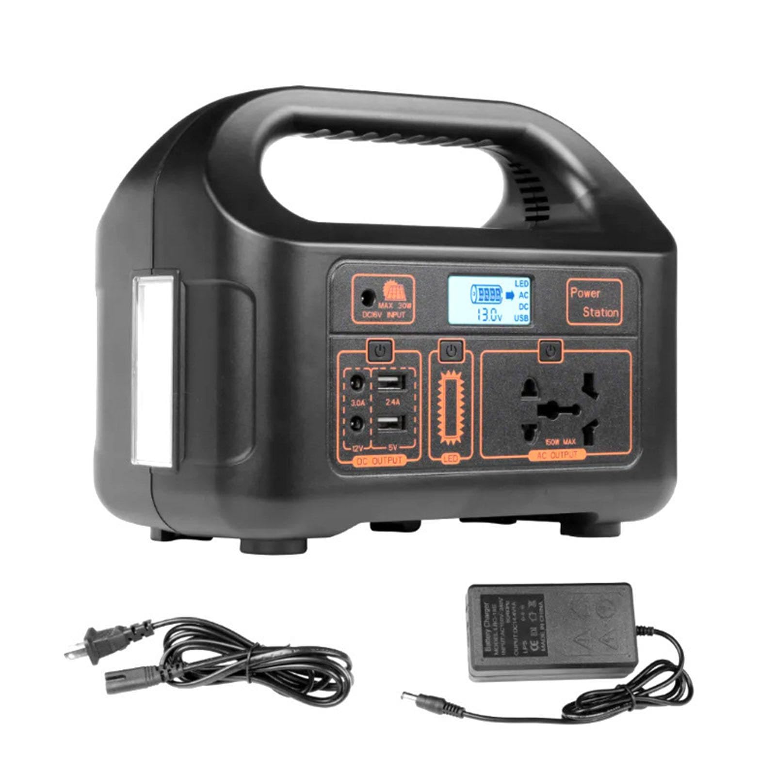 Batterie externe portable 150 W avec lampe LED et signal de sortie corrigé, idéale pour le camping, les aventures en plein air et les situations d'urgence. Parfaite pour les vacances, le camping-car