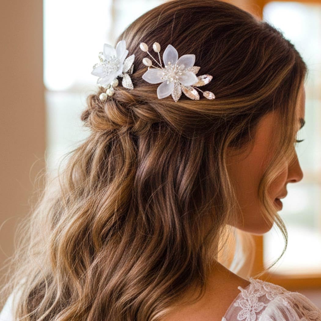Heread Flower Bride Wedding Hair Clips Silver Leaf Bridal Hair Barrette Pearl Hair Accessories for Women and Girls (Pack of 2) - Image 7