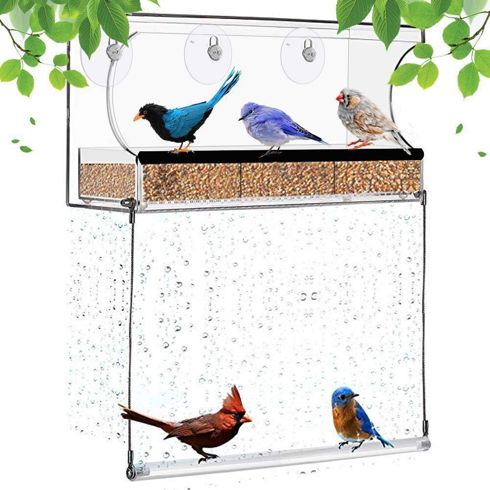 YXSH Comedero para Pájaros con Ventana Acrílico Transparente Bandeja con Ventosa Fuerte Colgante para Jardín Al Aire Libre para Observar Y Agregar Alimento, Útil Alimentador
