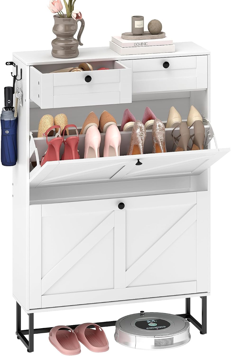 Quikraen Shoe Cabinet with 2 Flip Drawers and Adjustable Shelves，White