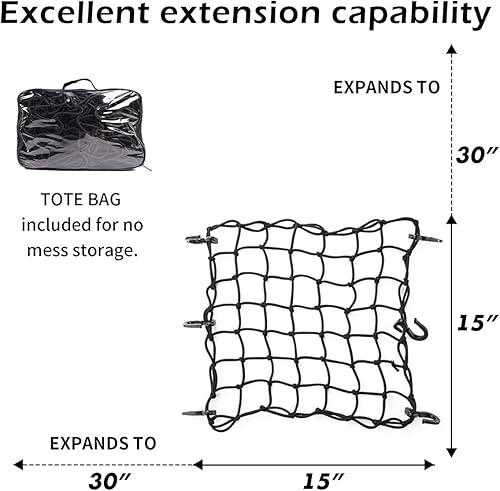 Miniatura 2 de JCHL Red de carga para motocicleta de 15 x 15 pulgadas que se estira a 30 x 30 pulgadas con 6 ganchos de malla de 2 x 2 pulgadas para motocicleta,