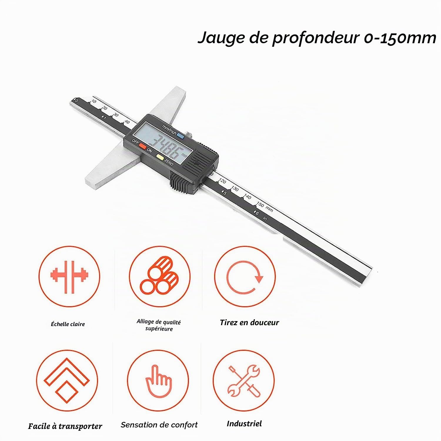 Jauge de profondeur, 0–150 mm Pied de profondeur, Pied a coulisse numérique, Pied à coulisse électronique, Pieds à coulisse Vernier avec écran LCD, le DIY et l'utilisation professionnelle 0,01 mm
