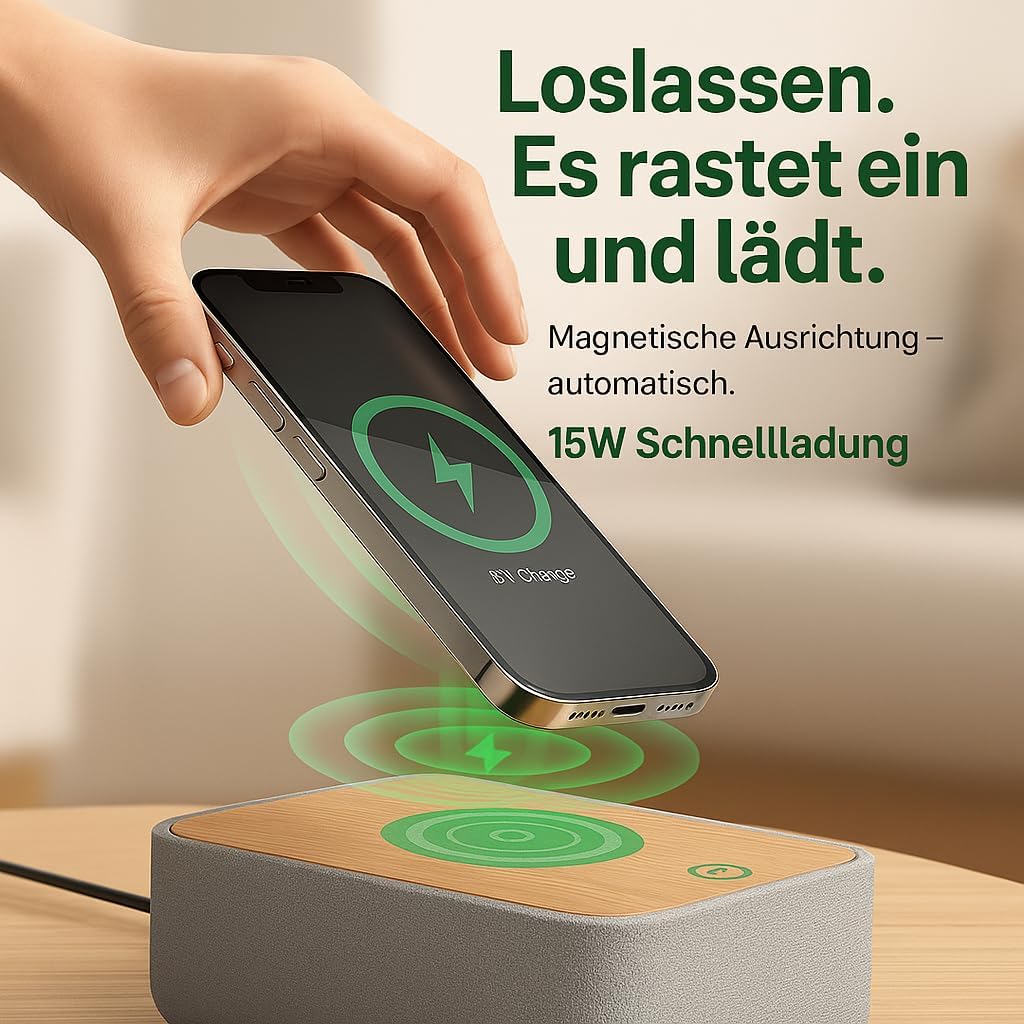 A hand placing a smartphone onto the magnetic charging pad of the Reacher R9BT-RA-DE, with green magnetic waves indicating alignment and charging.