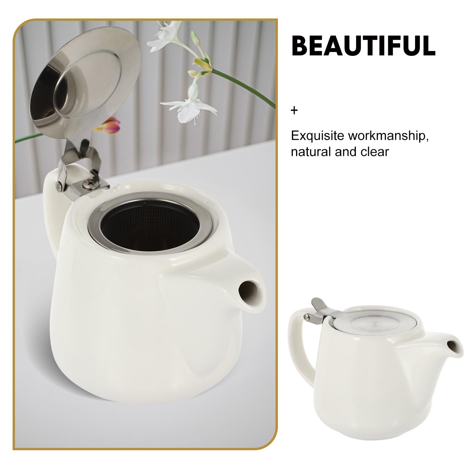 Zerodeko Théière en Céramique avec Filtre, Élégante et Résistante, Théière à Long Bec Blanc Crème 600 Ml