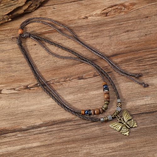 HETICA Boho Necklace for Women, Vintage Butterfly Necklace Adjustable Wooden Beads Layered Braided Necklace Fashion Tribal Style Leather Rope Necklace Jewelry2