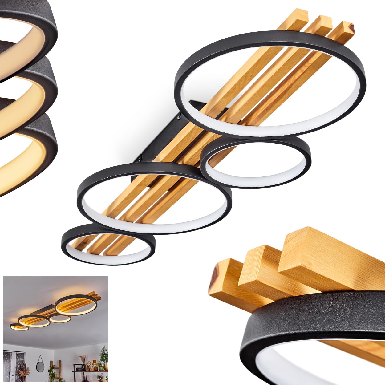 LED Ceiling Light Rodekro, dimmable Made of Metal/Wood/Plastic in Black/Natural/White, dimmable via Conventional Light Switch, luminaire w. Wooden Beam, LED 44 watt, 5100 Lumen, 3000 Kelvin