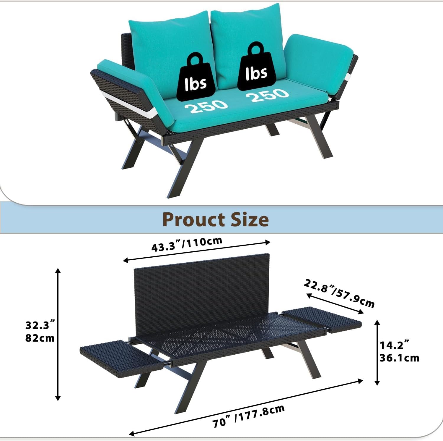 LEMBERI Outdoor Convertible Sofa, Daybed Couch with Adjustable Armrests, Woven Rattan Patio Loveseat or Double Chair with Soft Cushions and Backrest Pillows for Patio, Poolside, Yard, Porch, Lake Blue