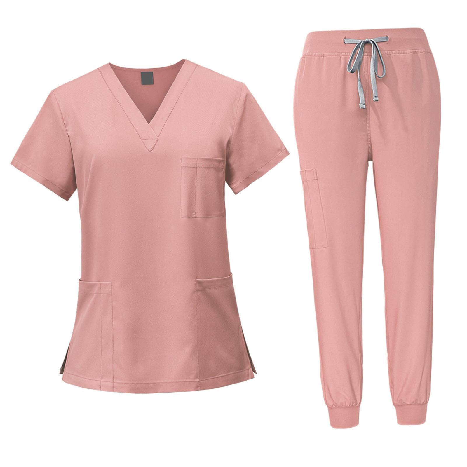 LOVIVER Female Scrub Set Nurse Workwear V Neckline Professional Machine Washable Top and Joggers Pant Work Clothing for Beauty Center, Pink, S