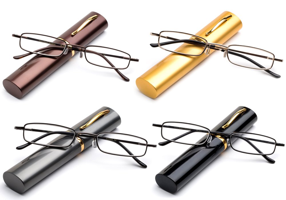 Newbee Fashion Reading Glasses unisex-adult „Tasche“ Rohr Leser leicht kompakt auf dem Sprung kleinen kompakte Stifthalter tragbaren Fest Fa 4er-Pack Gunmetal, schwarz, braun und Gold
