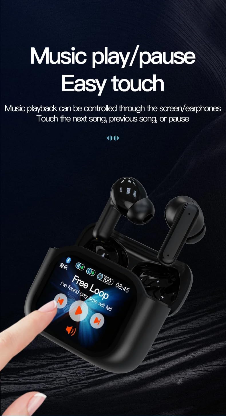 Image showing a finger interacting with the charging case touch screen to control music playback, displaying song title and progress.