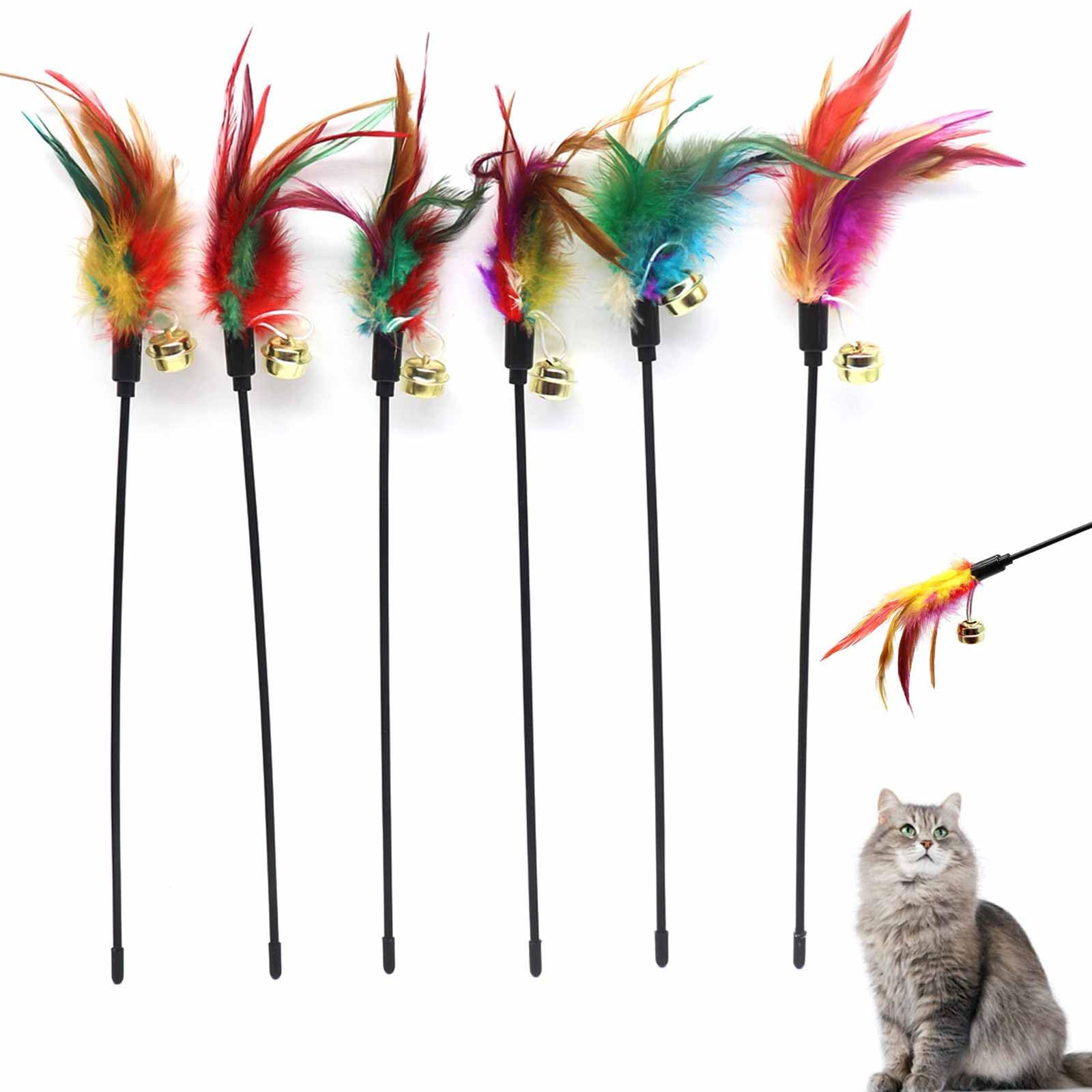 Set of 6 Feather Wands for Cats - Variable Colour - Coloured Feathers - for Cats and Kittens, Chroma