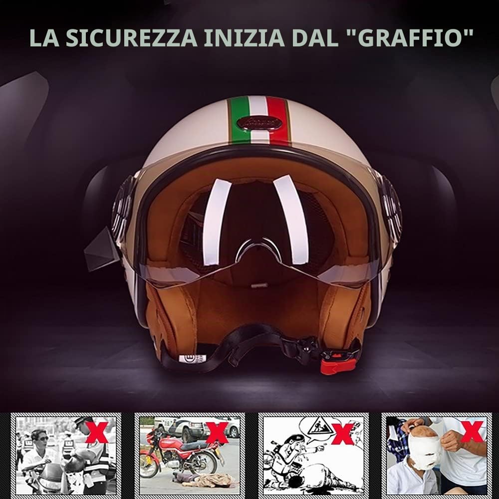 LUNANA Casco Aperto Moto, Vintage Casco Jet con la Visiera, Certificato ECE, Adulto Retro Moto Elettrico Mezzo Casco, inarcamento del Rilascio Rapido, per Cruiser Scooter (57~62cm)