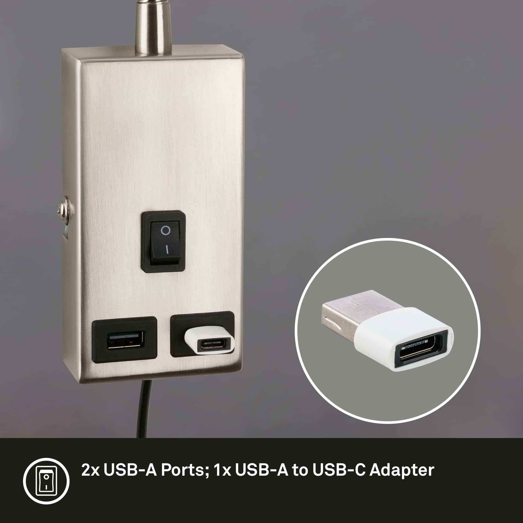 Briloner - Lampada da lettura con porta USB, interruttore on/off, orientabile, applique, lampada da parete, lampada da letto, lampada da comodino, lampada da comodino, altezza 50 cm, nichel opaco