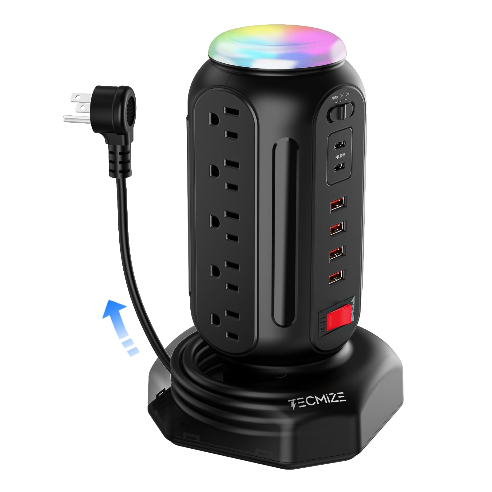 Multiple Plug PD 30W Fast Charging Power Strip, with Surge Protector, RGB Night Light, 15 Outlets Power Tower, 2 Type C and 4 USB Ports, Space Saving,