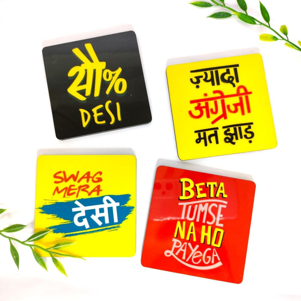 Presta Gifts Tea Coaster Set Funny Desi Slogans Printed, MDF Wood Material Coasters for Home and Kitchen, Office Table, Dining Table, Home Decor (3.5x3.5 inches, Set of 4) 1