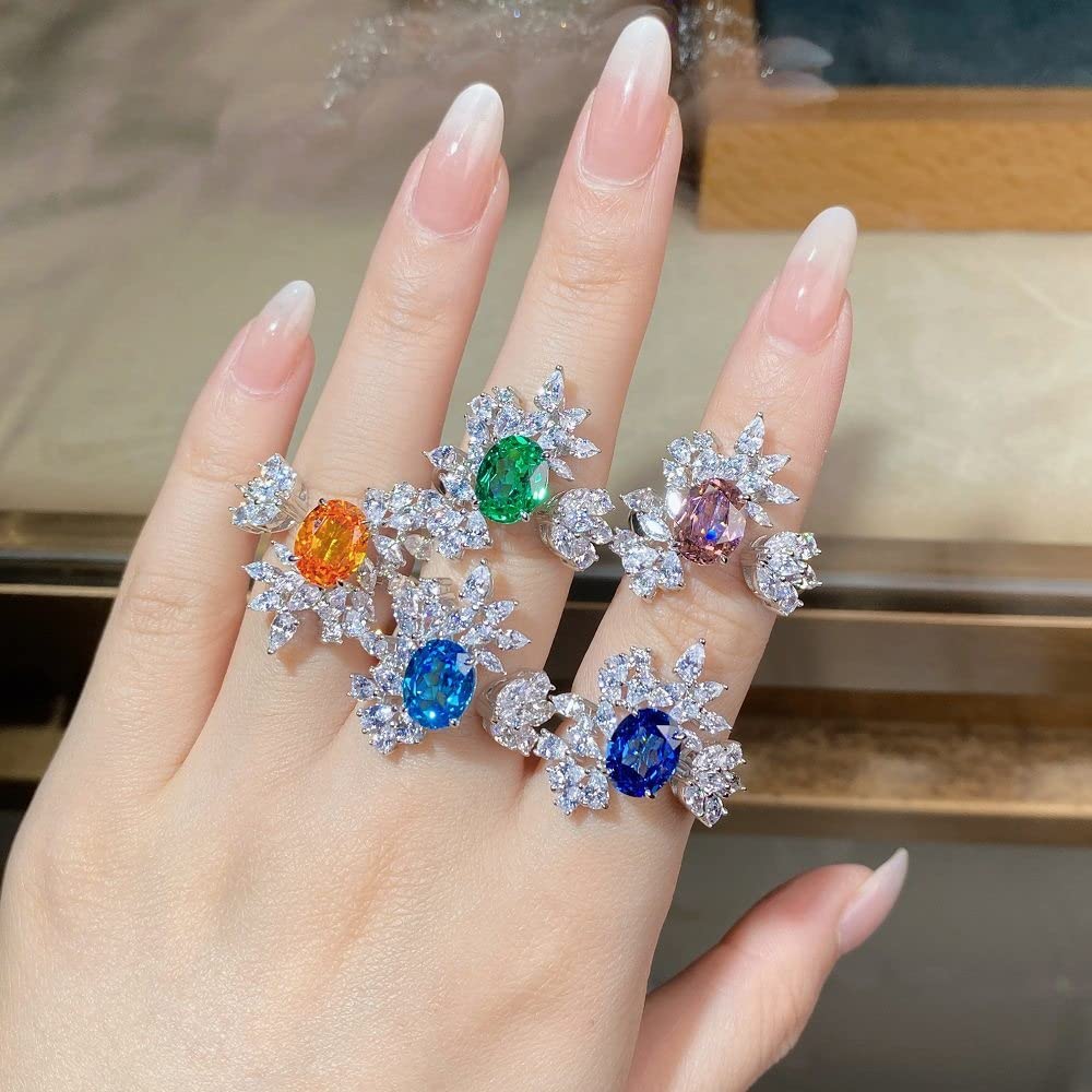 Anello In Argento Sterling 925,Anelli In Argento Sterling Donna 925 Fiore Tondo Anelli Regolabili In Zircone Arancione Zircone Micropavimentato Anelli Regolabili In Argento Anello Di Fidanzamento An