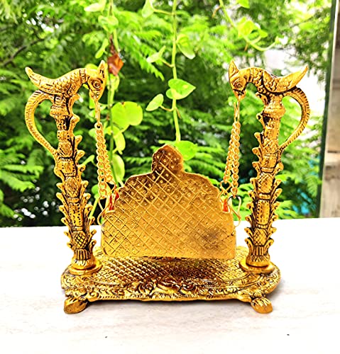 Image of Wonder Care | Jhula Statue Sculpted in Great Detail in Ivory Antique Golden Finish - Laddu Gopal | Home Decor | Mandir | Gift | Hindu God