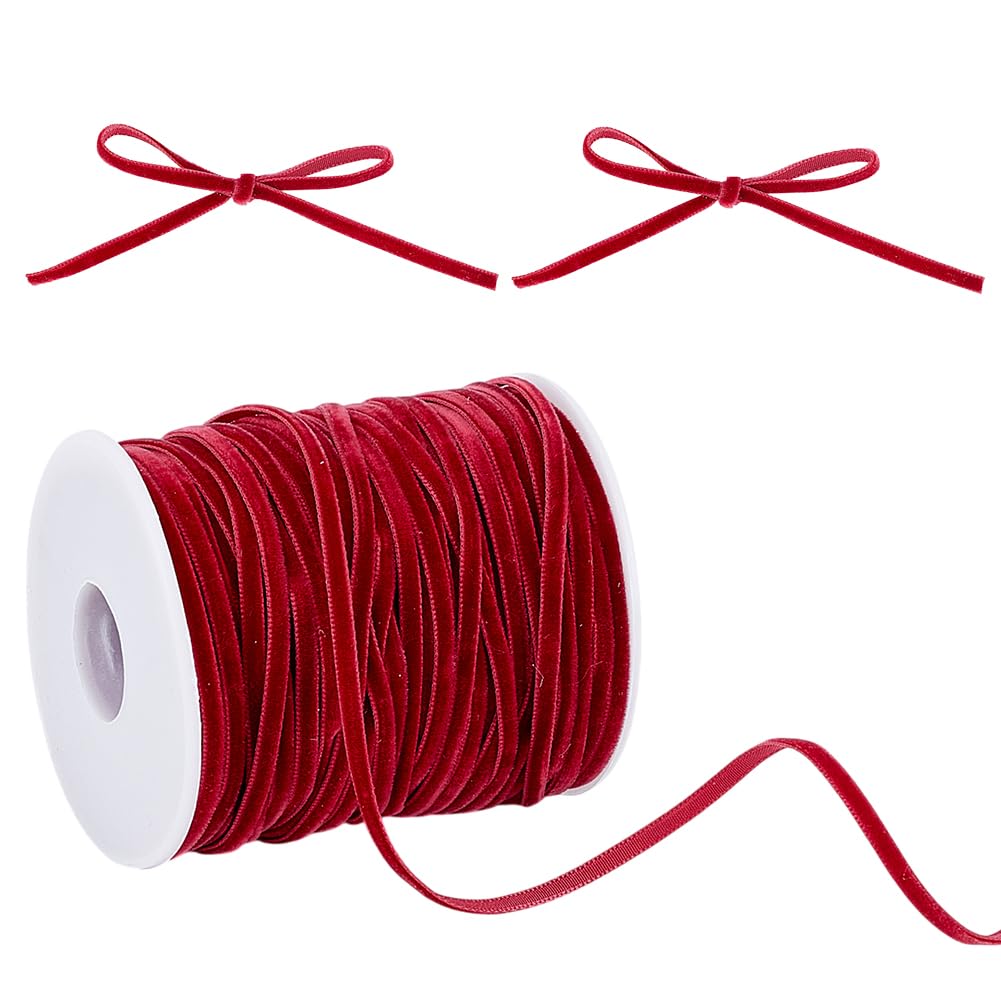 HOBBIESAY 3.2mm Thin Velvet Ribbon 50 Yards/45m Vintage Red Ribbon Single Face Ribbons Spool Fabric Trim for Gift Wrapping Velvet Bows Making DIY Crafts Wedding Home Decor