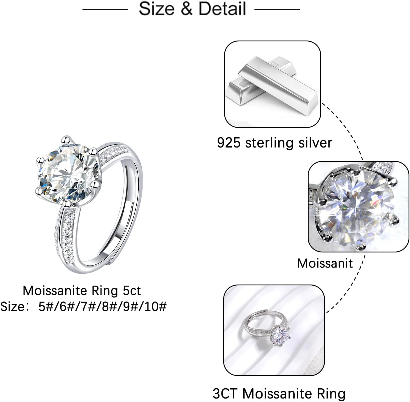 3 Carat Moissanite Engagement Rings： 925 Sterling Silver D Color VVS1 Clarity - 6 Prong 3ct Wedding ring Size Adjustable - Girlfriend Wife for Anniversary Couples Promise Gift - Image 5