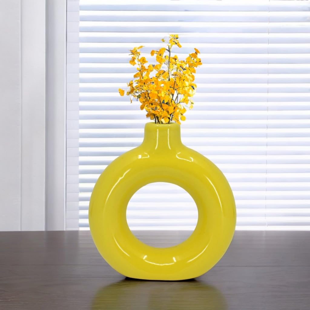 Artisan Crafted Ceramic Donut Shaped Vase for Pampas Grass | for Unique Home Décor | Ceramic Donut Vase, Flower Vase Pampas Grass Vase (Yellow Glossy, 8 Inches)-image-19